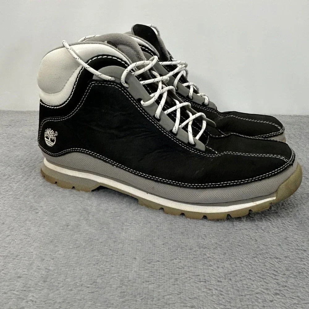 Timberland Mens 10.5 M Black Leather Mid Hiking Boots Style 1822 Grey White Trim